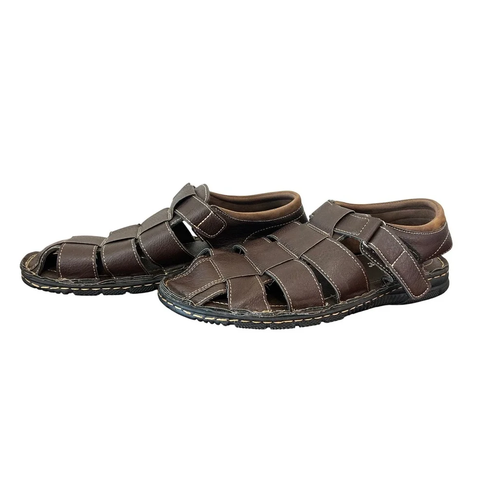 Cherokee Mens Dark Brown Faux Leather Fisherman Sandals Size 11 Hook and Loop